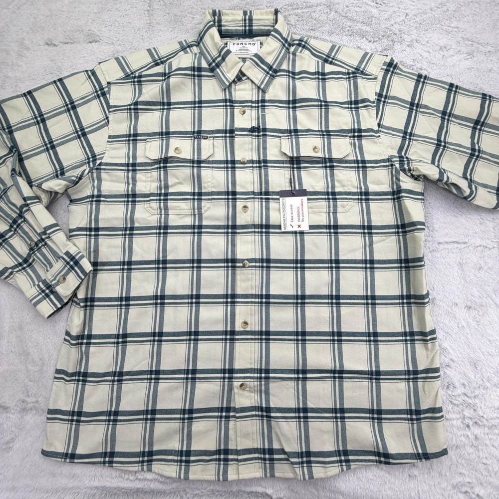 Poncho Shirt Mens XL White Plaid Long Sleeve Button Up Flannel Pockets NWT - Picture 2 of 10